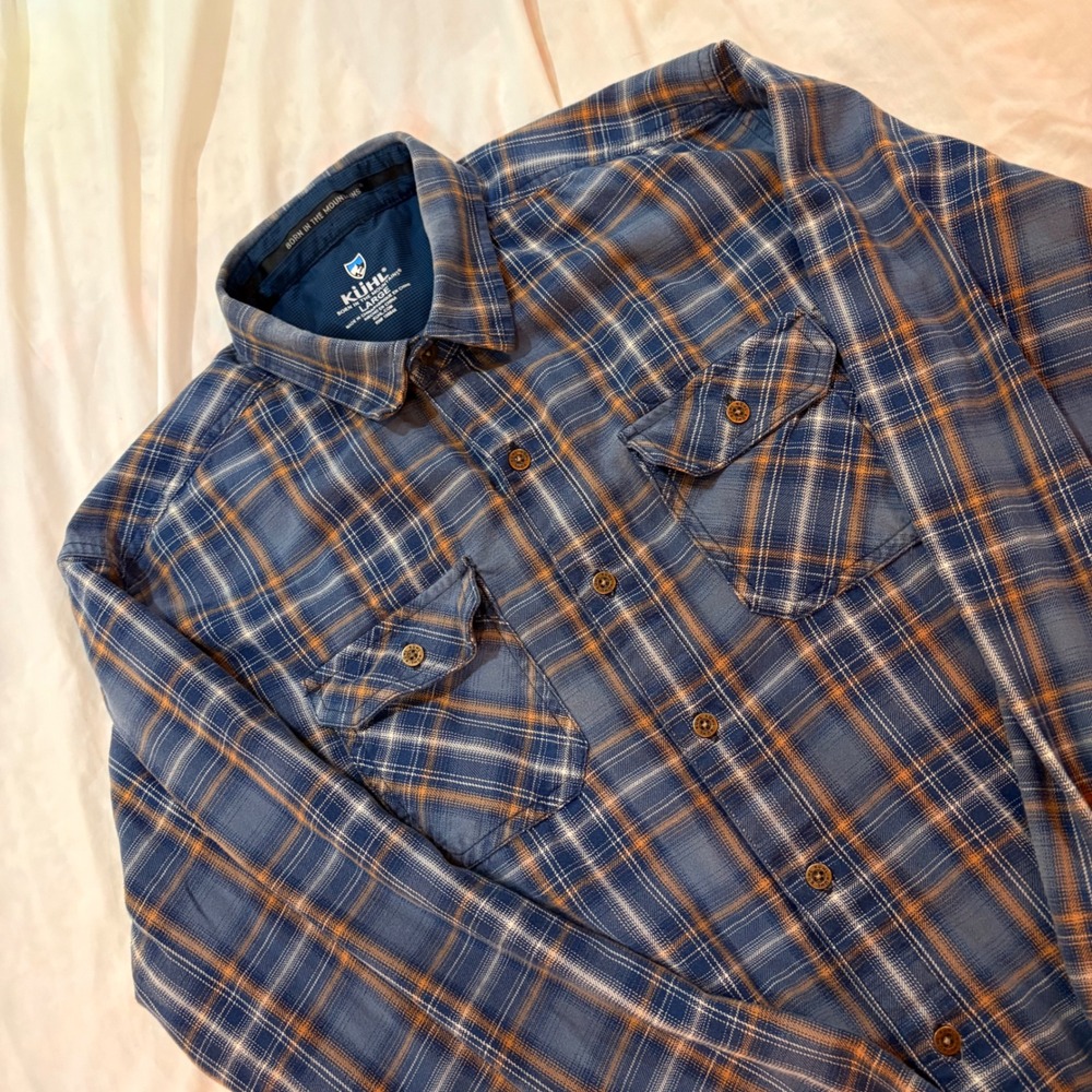 Kuhl Mens Large Blue Orange Plaid Long Sleeve Button Down Outdoor Shirt L Soft